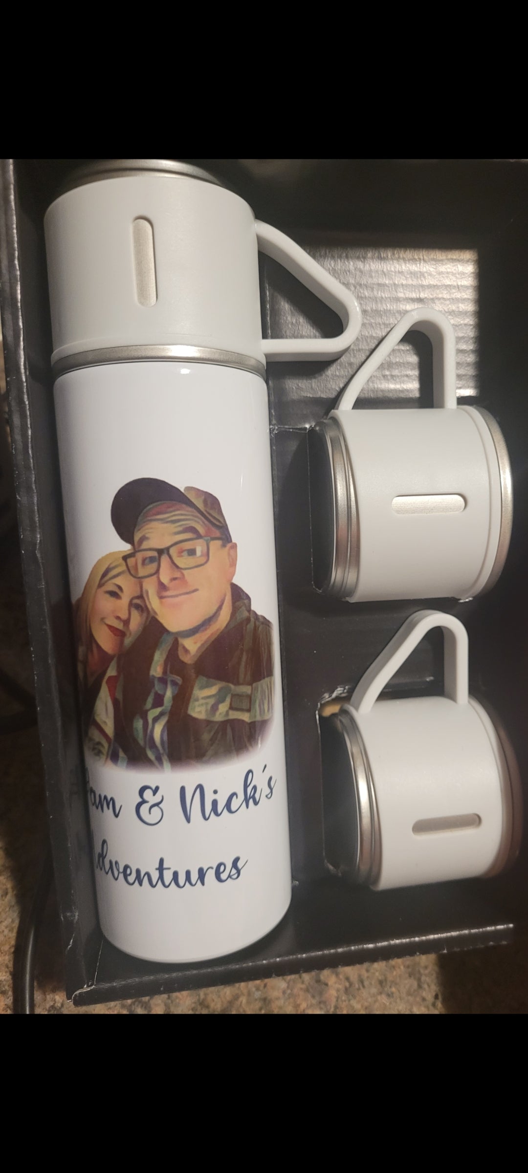 Personalised Travel flask and 2 cups